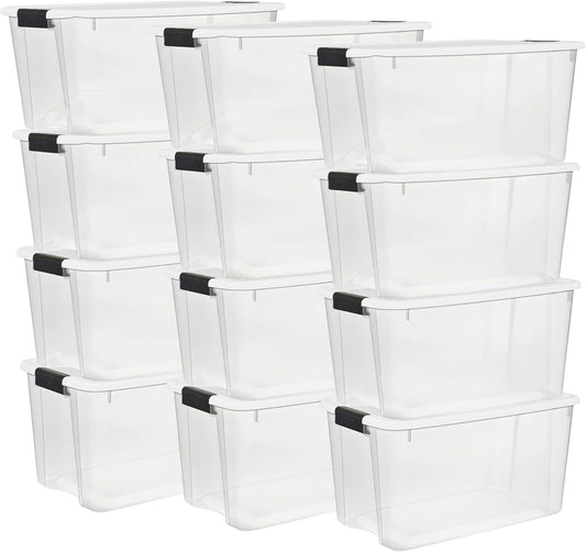 Sterilite 12-Pack Ultra Latching Box, Storage Bins with Lids, Clear Plastic, 70 Quart - Heavy-Duty Organizing Containers for Closet, Bathroom, and Office