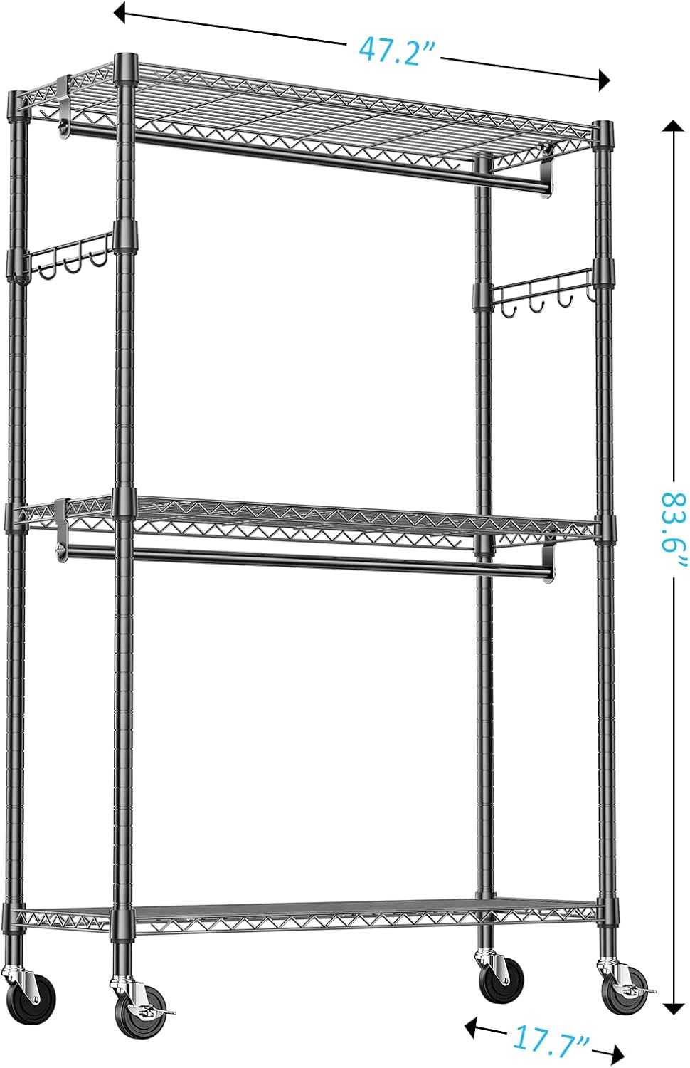 IZEUK Heavy Duty Rolling Garment Rack with 3 Adjustable Wire Shelves, Hanging Rod & Side Hooks - Extra Large Mobile Clothes Rack with Wheels, 47.2" W x 17.7" D x 83.6" H, Black