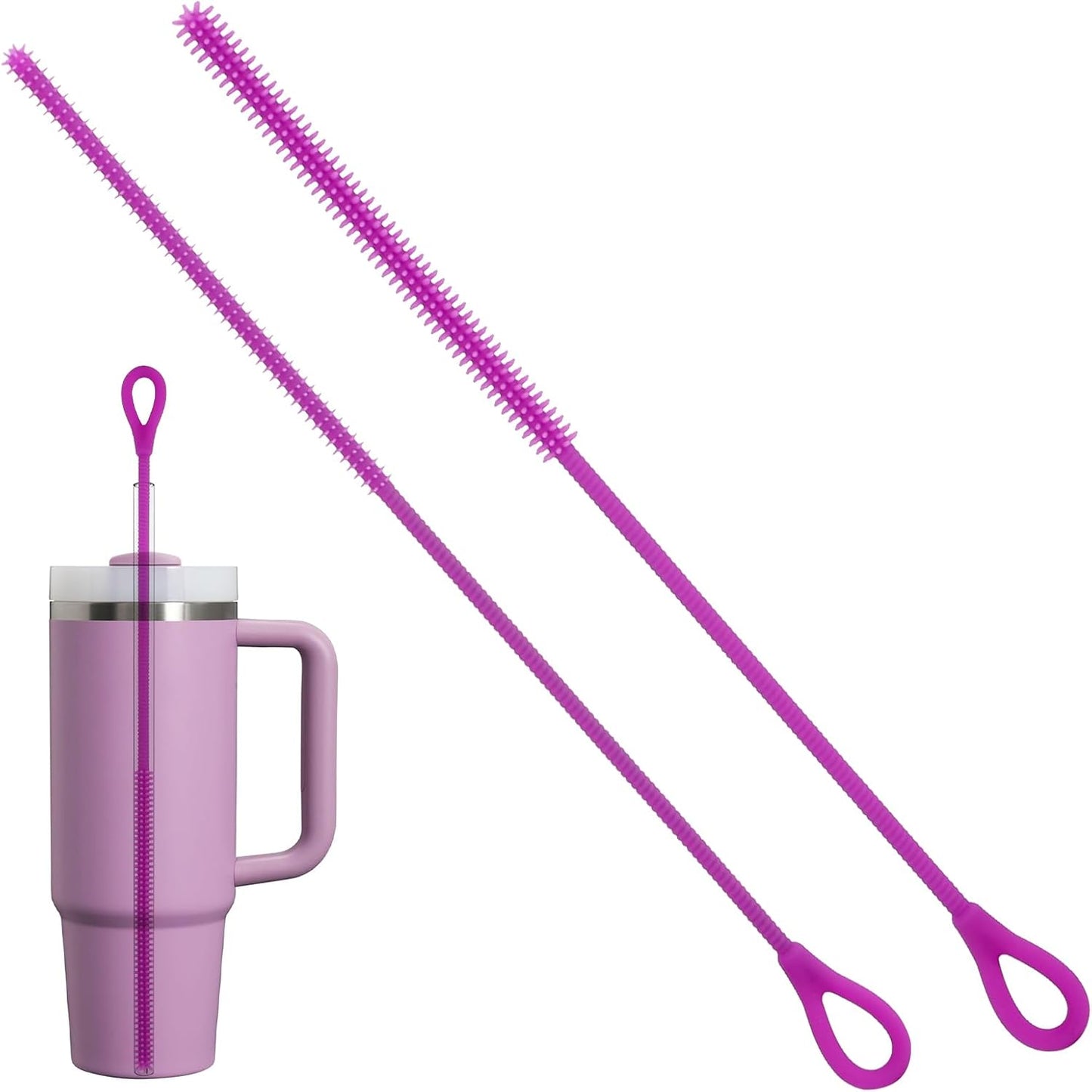 2Pcs Silicone Straw Cleaner Brush, 9.84in Reusable Straw Cleaner with Bendable Steel Core, Extra Long Soft Bottle Brush for Clearing Glass Straws, Smoothie Straws, 9mm&6mm (Purple)