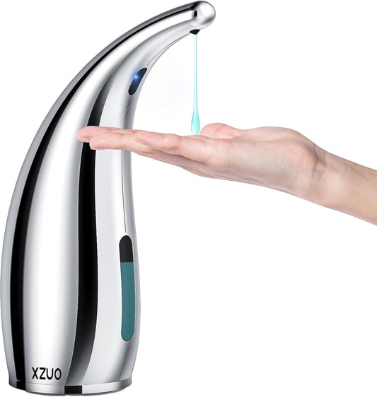 Automatic Soap Dispenser with Infrared Sensor - Adjustable 4-Level Touchless Hand Soap for Kitchen, Bathroom - Battery Operated Electric Dispenser, Durable Plastic, Smart Soap Holder (Silver)