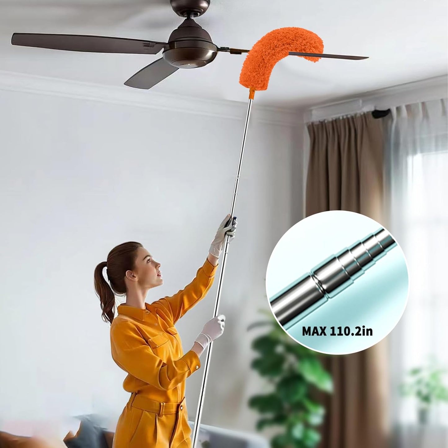 Cobweb Duster with Extension Pole,Cleaner Outdoor 110" Telescoping Extended Sspider Brush, Dusting Kit,Long Handle Reach for High Ceilings and Fans,Microfiber Webster Remover Tools Feather Dusters