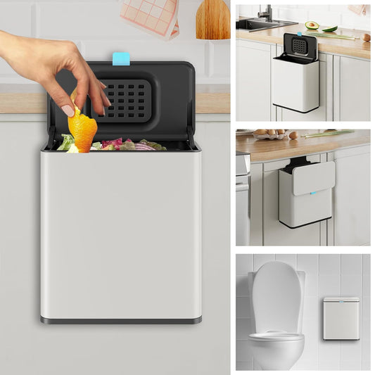 Stainless Steel Hanging Trash Can with Lid and Inner Bucket, 2 Gallon Kitchen Compost Bin for Counter Top, Under Sink or Wall Mount, Small Garbage Can for Cupboard/Bathroom/Bedroom/RV, White