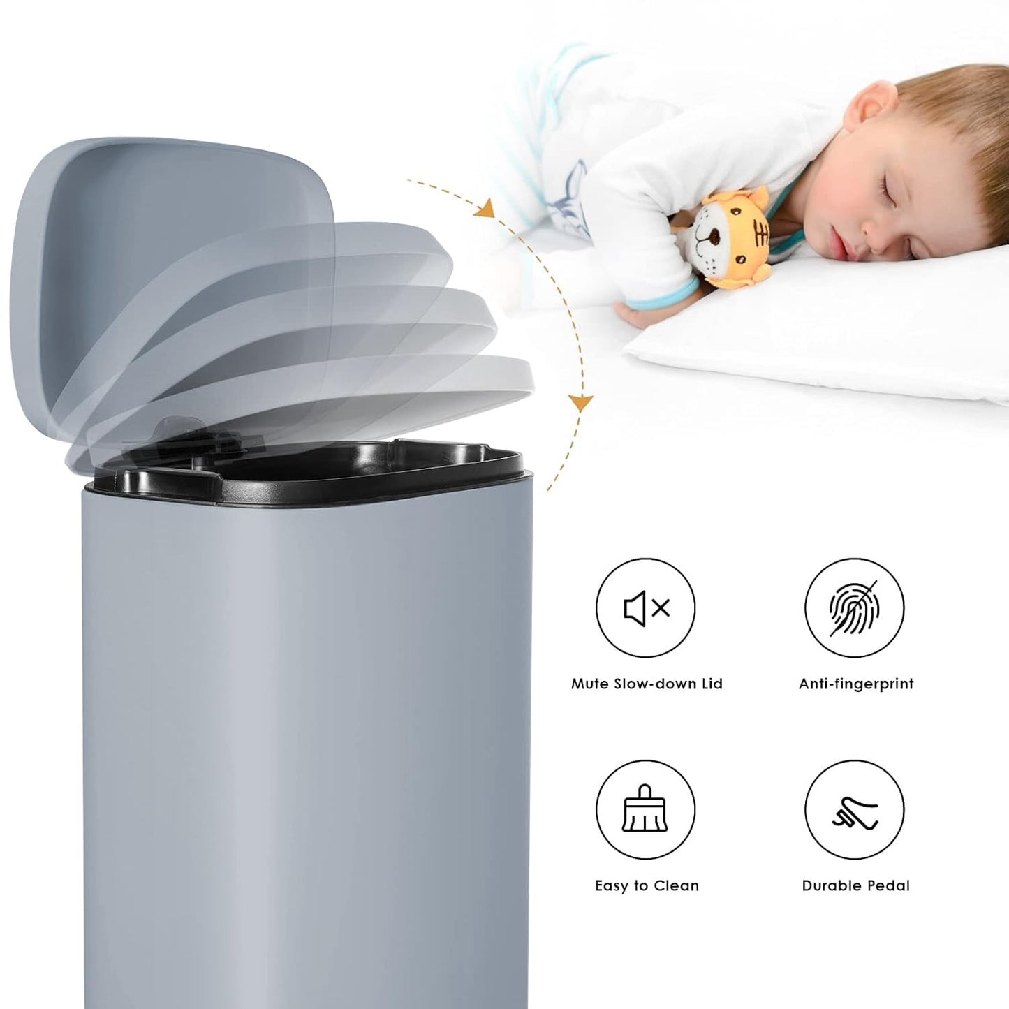 AthLike Trash Can, Stainless Steel Kitchen Garbage Can, Step Waste Bin with Hinged Lid and Removable Inner Bucket, Soft-Close, Dustbin for Bathroom Bedroom Living Room Home (Haze Blue, 8 Gal)