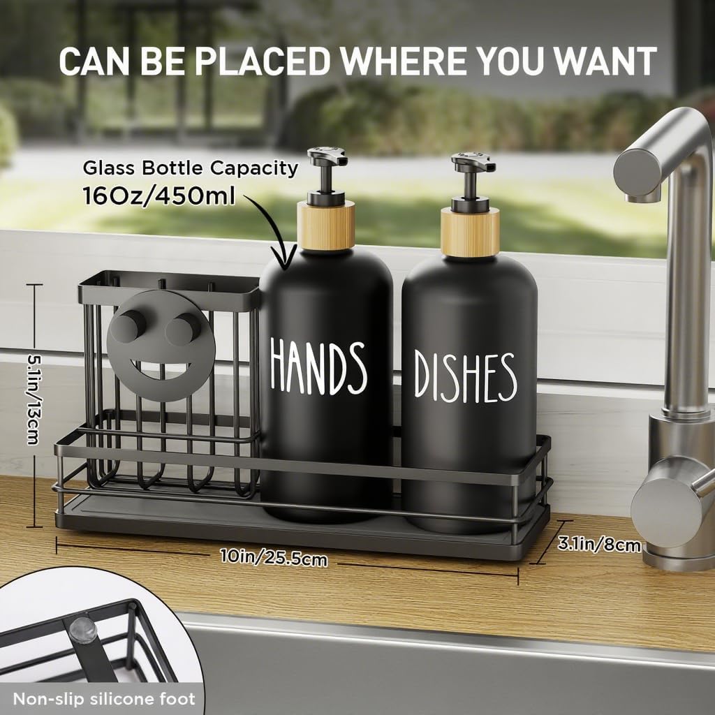 Moforoco Kitchen Dish Soap Dispenser Set, 16OZ Glass Bottle, Hand and Dish Soap Dispenser Set, Instant Dry Tray, Non-Slip Silicone Pad, Brush Holder with Smiley Face Sponge Holder（Black）