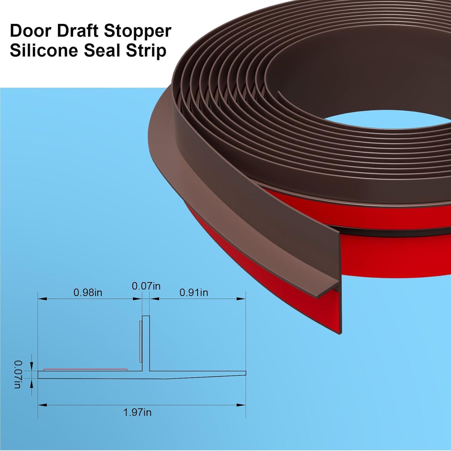 T-Shaped Door Draft Stopper, 1.97 in x 20 Ft Silicone Seal Strip for Windows Gaps, Weather Stripping Seal Strip Shower Sweep, Brown
