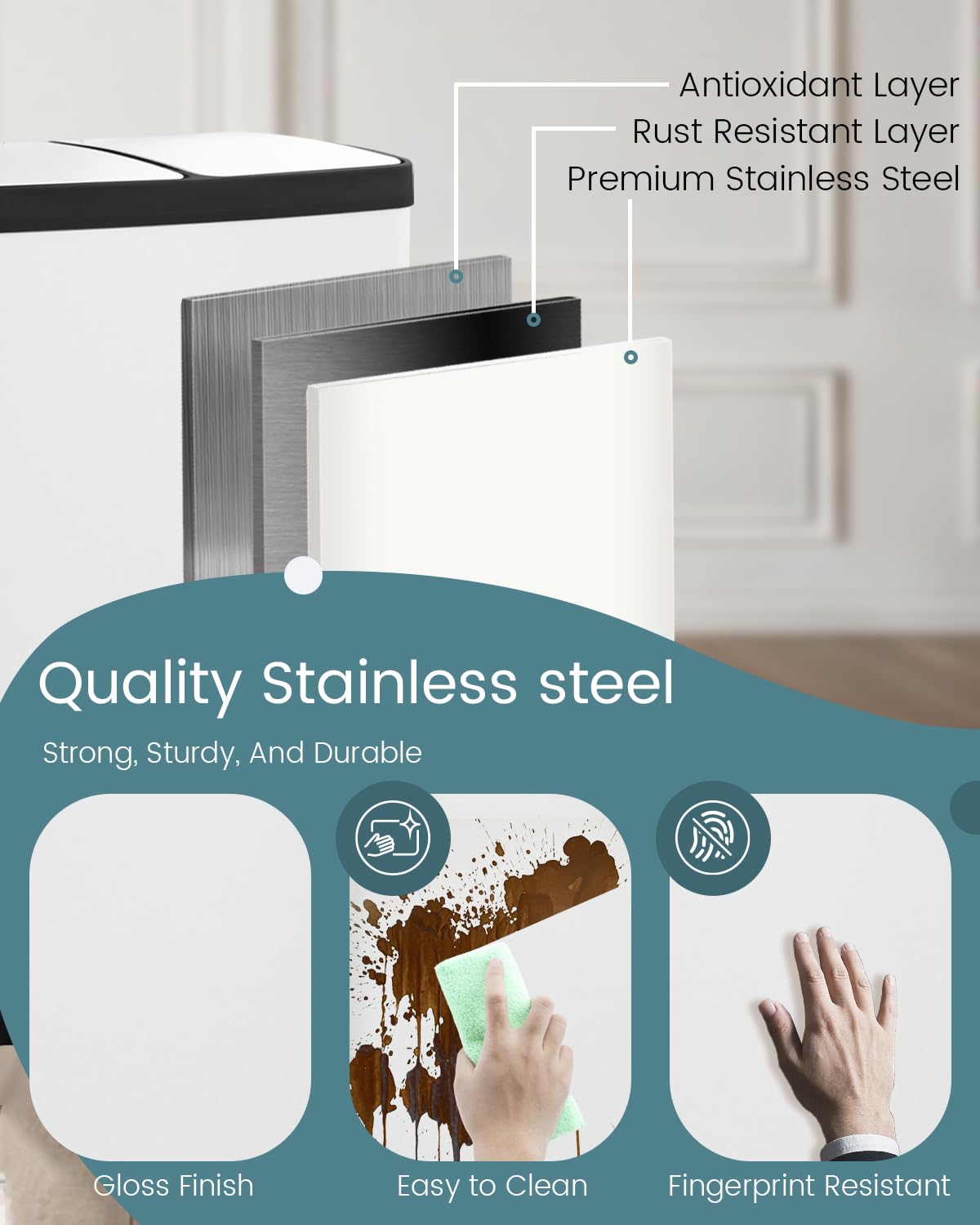 Dual Compartment Stainless Steel Trash Can, 16 Gallon / 60 Liters White Kitchen Garbage Bin with Silent Sealed Lids, Dual Recycling and Trash White for Home & Office