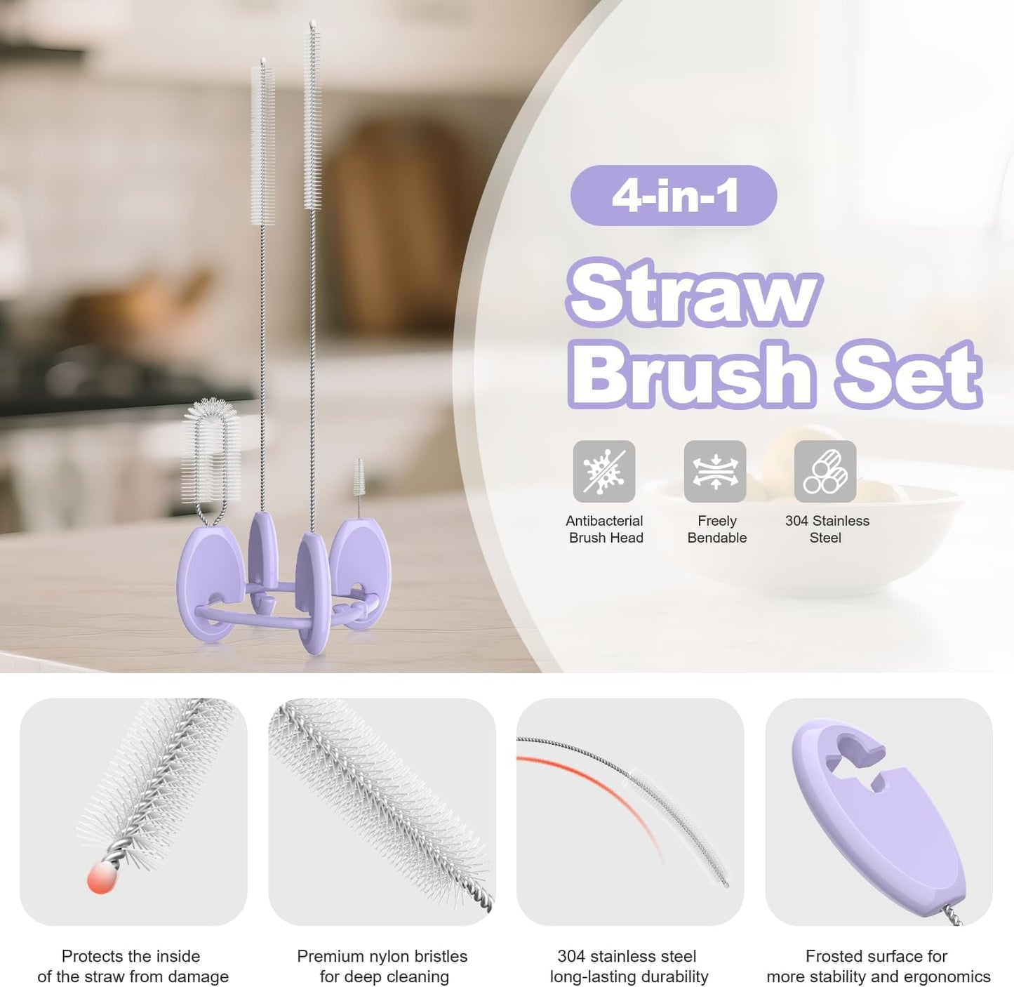 YOTIME Standing Straw Cleaner Brush Set, 4in1 Reusable Straw Brushes with Holder Ring, for Wide and Narrow Straws, Tumblers, Water Bottles and Cups, Purple