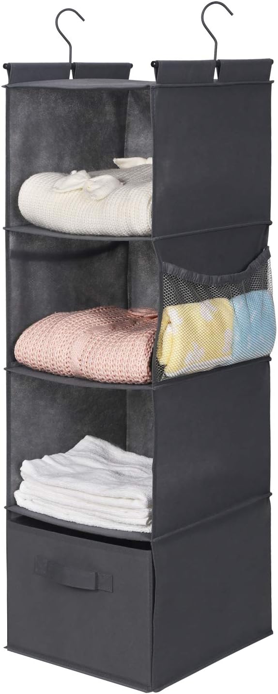 MAX Houser 4-Shelf Hanging Closet Organizer, Space Saver, Cloth Hanging Shelves with 2 Side Pockets, Foldable (Grey)