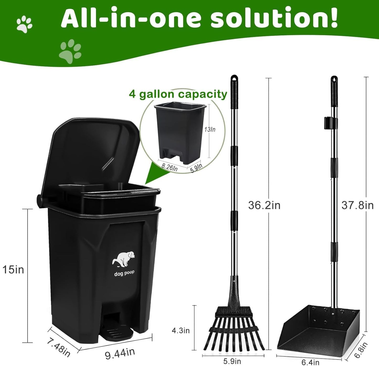 Dog Poop Trash Can Outside with Pooper Scooper, 20L/5Gal Dog Waste Trash Can with Lid, Pedal and Removable Inner Bin, Pet Poop Bin with Metal Rake & Tray and 100 Bags