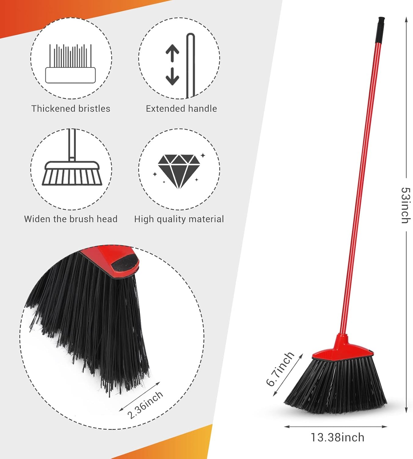 WILLBOND 20 Pcs Heavy Duty Broom Outdoor Indoor Commercial Angle Brooms Bulk for Courtyard Garage Lobby Mall Market Floor Home Kitchen Room Office Pet Hair Rubbish 54 Inch(Red, Yellow)