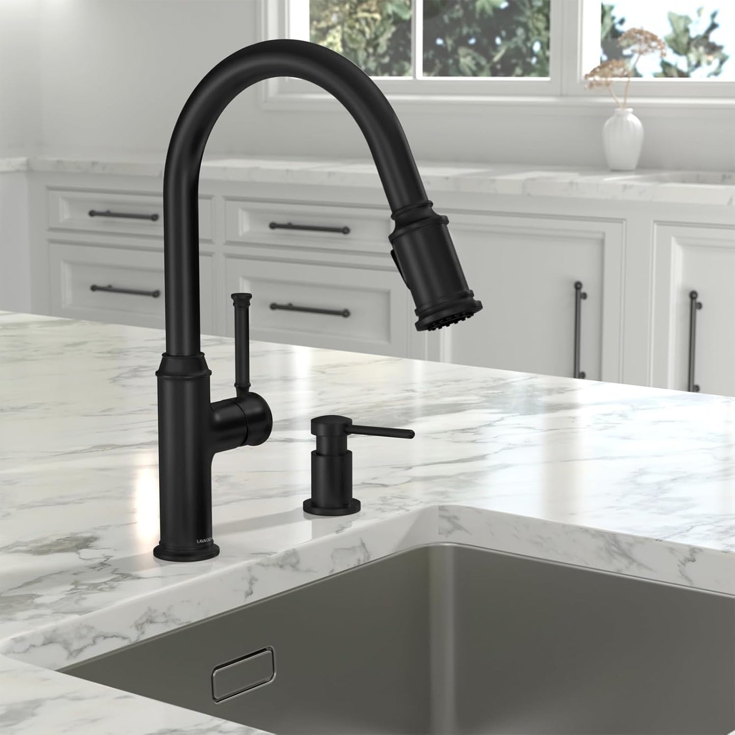 Lava Odoro Black Soap Dispenser for Kitchen Sink, Modern Brass Built in Countertop Pump Dispenser with 18 Oz Refillable Bottle, Kitchen Soap and Lotion Dispenser Spot-Free, Matte Black, KSD-21