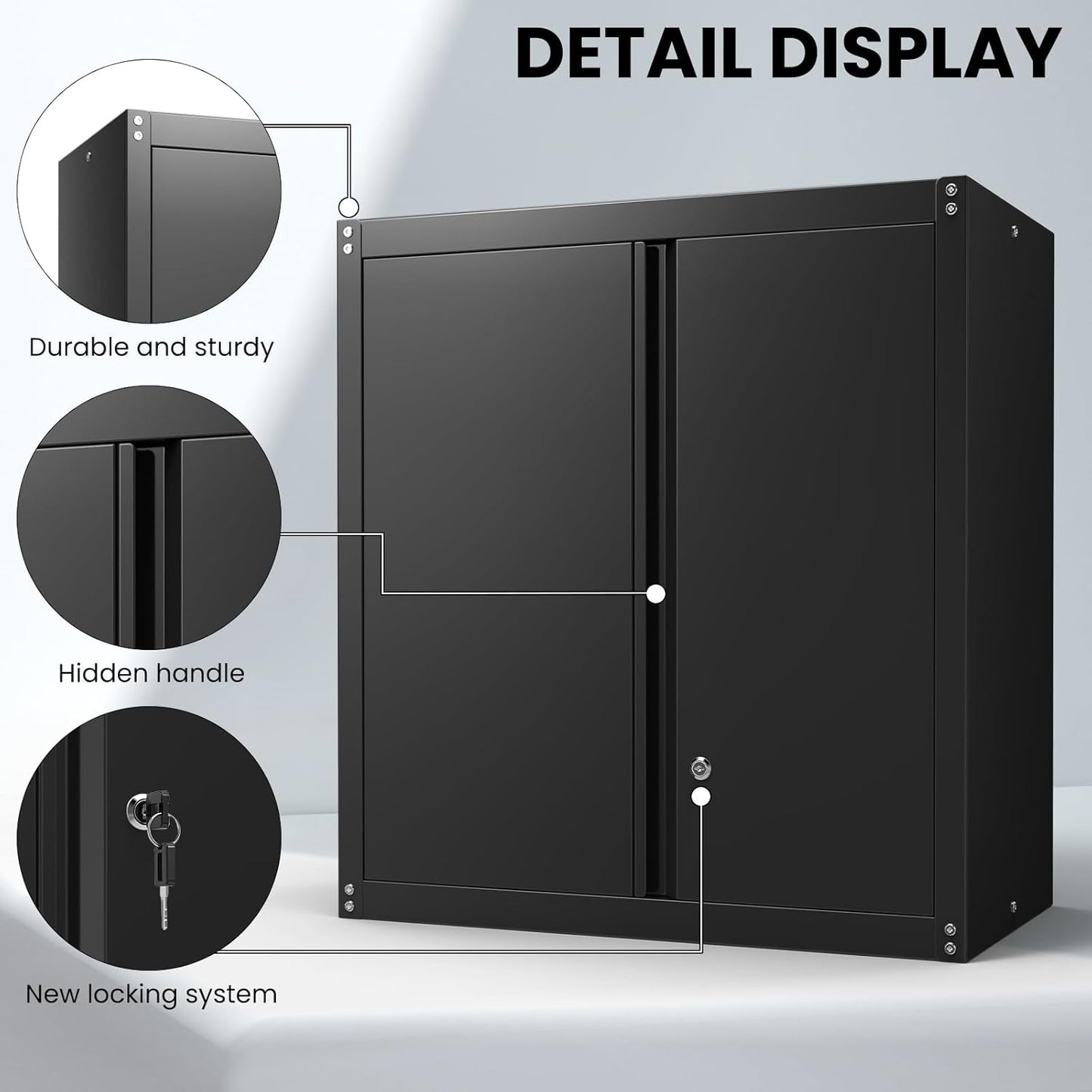 Steel Wall Cabinet, Metal Locking Wall Cabinet, Wall Hanging Metal Cabinet for Garage Tool Storage, Wall Mount Tool Cabinet for Garage, Laundry Room, Pantry, Black