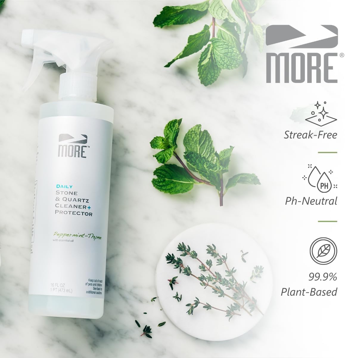 MORE Stone & Quartz Cleaner + Protector - Water-Based Surface Spray - Granite, Quartz & Marble Cleaner - For Kitchen & Bathroom Countertops & Floors - Peppermint-Thyme Essential Oil - Pint (16oz)