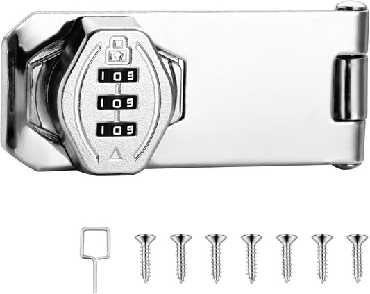 Cozy Tower 4 inch 180 Degrees Hasp Combination Lock for Cabinet, Combo Latch Lock for Cupboard, Drawer, Closet Door, Garage Fence Shed Door (Chrome, 1 Pack)