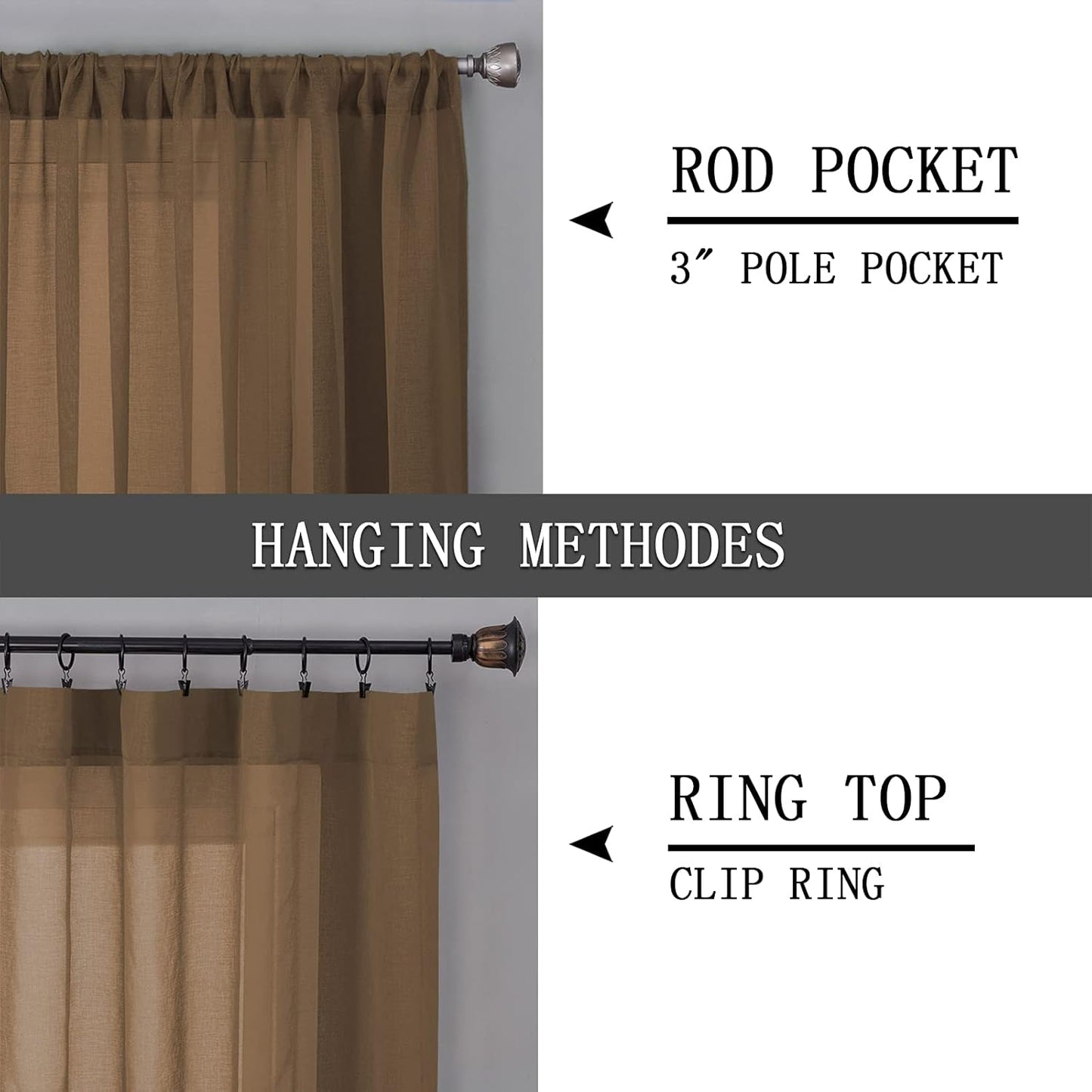 Tollpiz Sheer Curtains Linen Textured Bedroom Curtain Sheers Light Filtering Rod Pocket Voile Curtains for Living Room, 54 x 84 inches Long, Brown, Set of 2 Panels