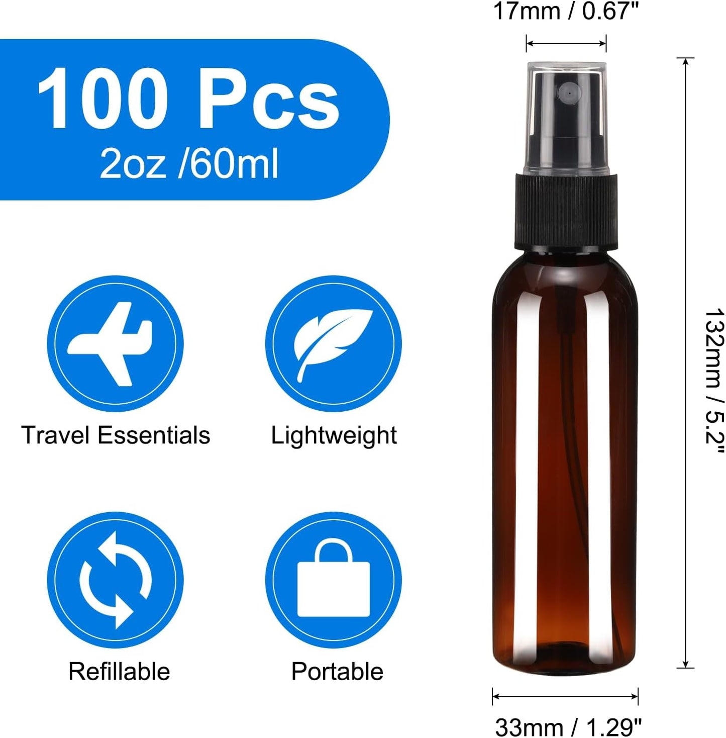 uxcell 100Pack Spray Bottles, 2Oz/60ML Reusable Clear Empty Mist Plastic Mini Travel Bottle Set,Small Refillable Liquid Containers for Household Use, Essential Oil, Cleaning (Brown Black)