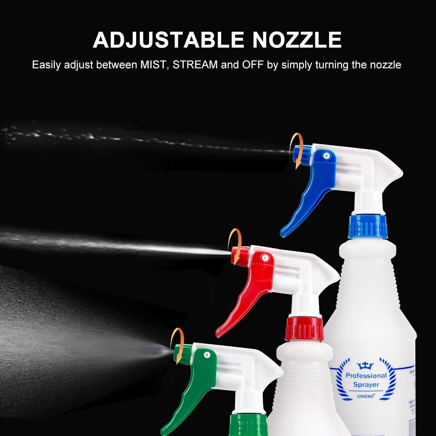 Plastic Spray Bottle (3 Pack, 24 Oz, 3 Colors) Heavy Duty All-Purpose Empty Spraying Leak Proof Mist Water Bottles for Cleaning Solutions Plants Essential Oils Hair Pet with Adjustable Nozzle