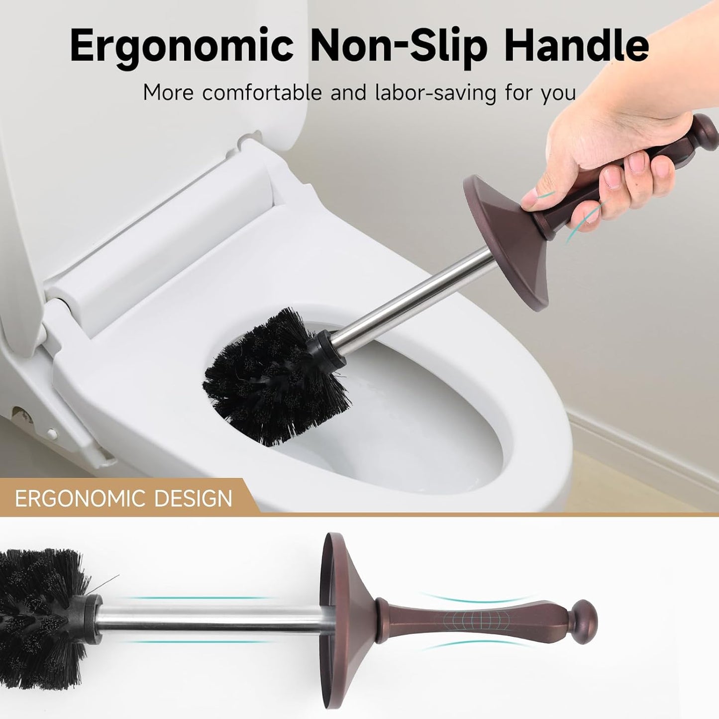 Bronze Toilet Brush and Holder，Extra Long Handled Toilet Brush for Bathroom，Stainless Steel Heavy Duty Toilet Bowl Brush,Deep Cleaning Modern Toilet Cleaner Brush -Space Saving, Covered Brush, Durable