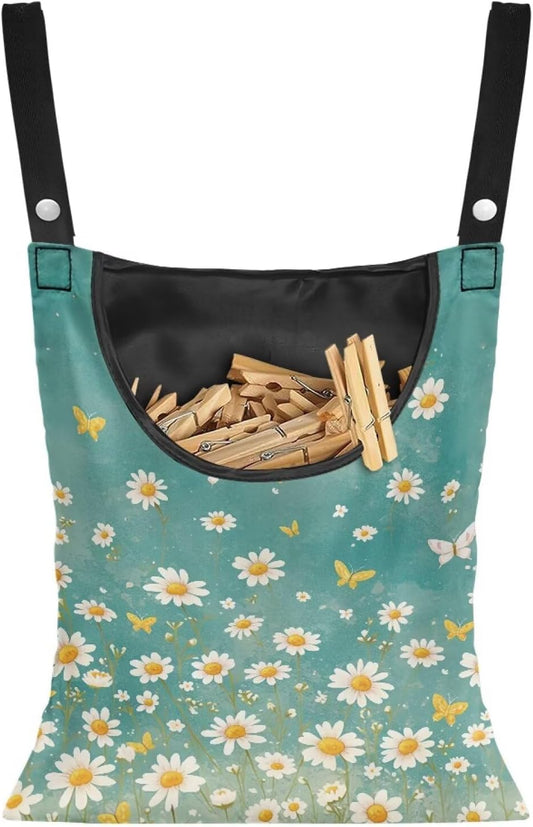 Clothespin Bag for Clothes Pin Holder for Outside and Clothes Line Pins, Clothes Pin Hanging Bag Fits Outdoor Laundry Clothesline - Daisy Pattern