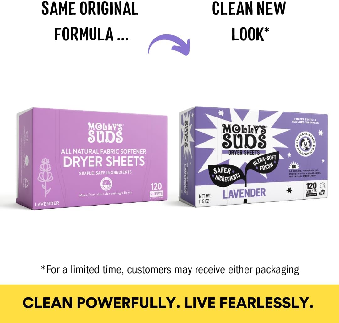 Molly's Suds Fabric Softener Dryer Sheets for Sensitive Skin | Plant-Based Static Reducer, Plastic-Free Packaging | Lavender (120 Sheets)
