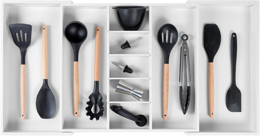 KitchenEdge Adjustable Kitchen Drawer Organizer for Utensils and Junk, Food-Safe Contract Grade with 100% Sustainable Wood, Expandable from 19 to 33 Inches Wide - White Bamboo