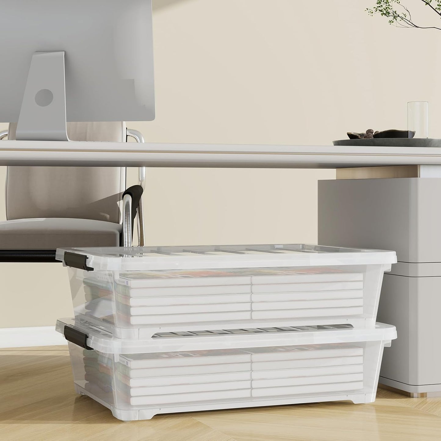 4Pack 40 Qt Plastic Under Bed Storage Organizer Bin Container with Secure Lids and Durable Wheels, Clear