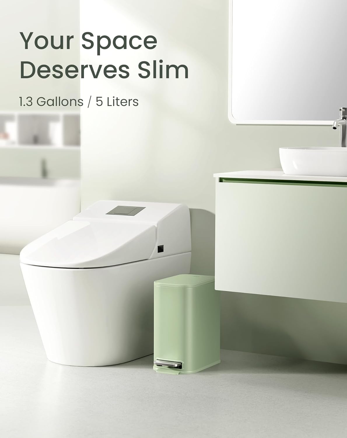 Cesun Small Bathroom Trash Can with Lid Soft Close, Step Pedal, 5 Liter / 1.3 Gallon Stainless Steel Garbage Can with Removable Inner Bucket, Waste Basket for Bathroom, Bedroom (Green)