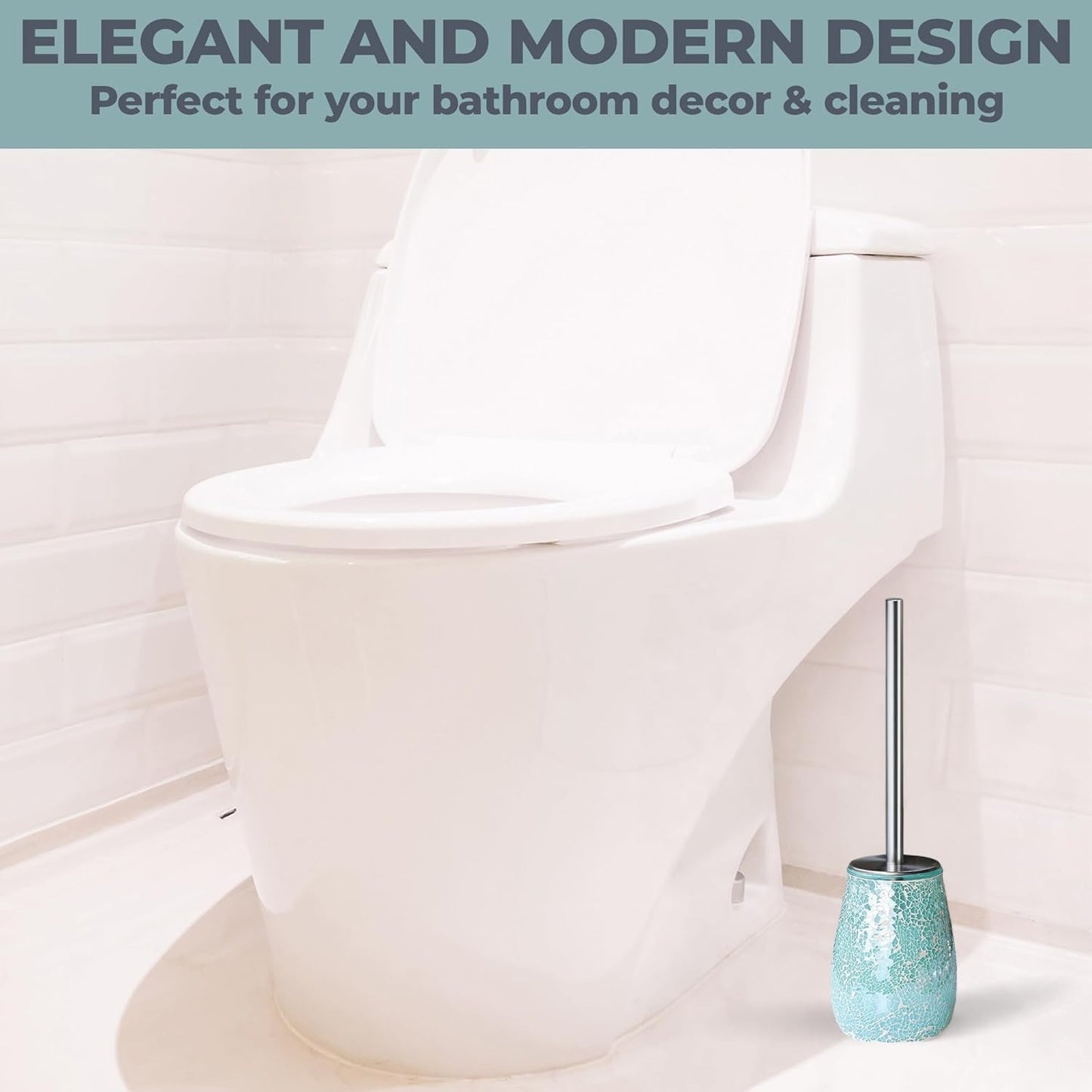 Escenzy Turquoise Green Toilet Brush and Holder Set Mosaic Glass | Non-Rustic Stainless Steel | Practical & Decorative Toilet Bowl Brush and Holder | Luxury Green Bathroom Accessories