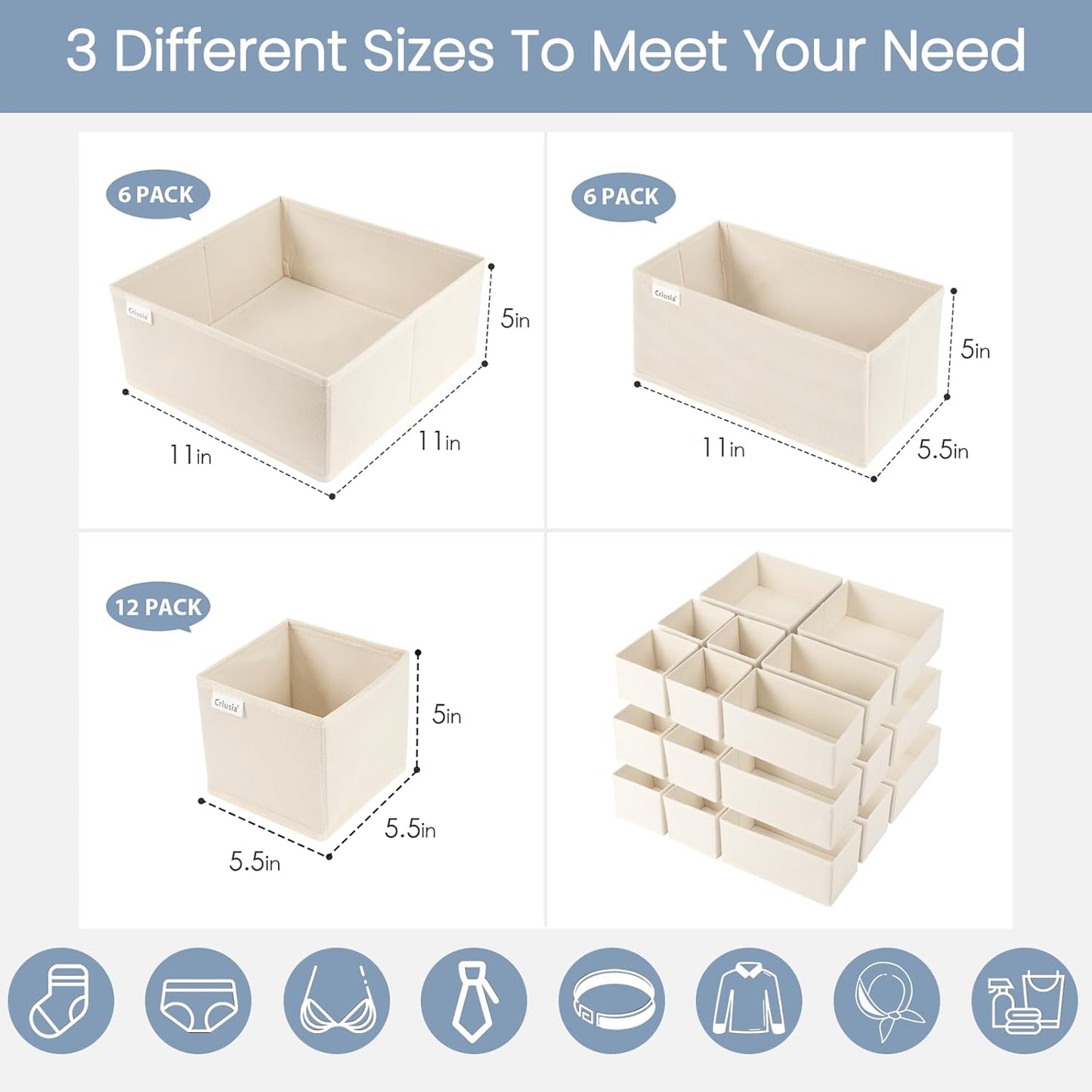 Criusia Drawer Organizer Clothes, 24 Pack Underwear Drawer Organizers, Foldable Closet Organizers and Storage Dresser Drawer Dividers Clothing Organizer for Clothes, Socks, Scarves, Bra, Ties (Beige)