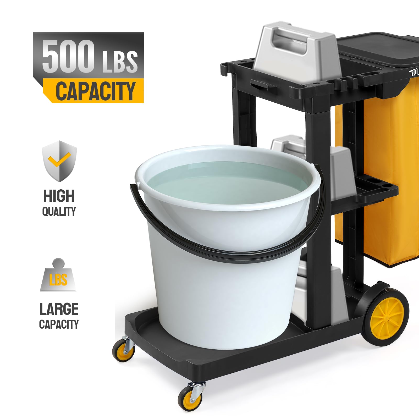TUFFIOM Commercial Traditional Cleaning 3-Shelf Janitorial Cart, 500 Lbs Capacity Housekeeping