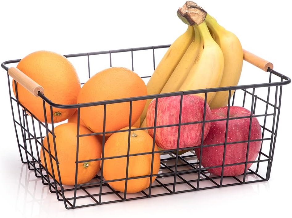 LeleCAT Wire Baskets with Wooden Handles, Wire Storage Organizer Baskets , Household Refrigerator for Cabinets, Pantry, Closets, Bedrooms - Set of 4（Black