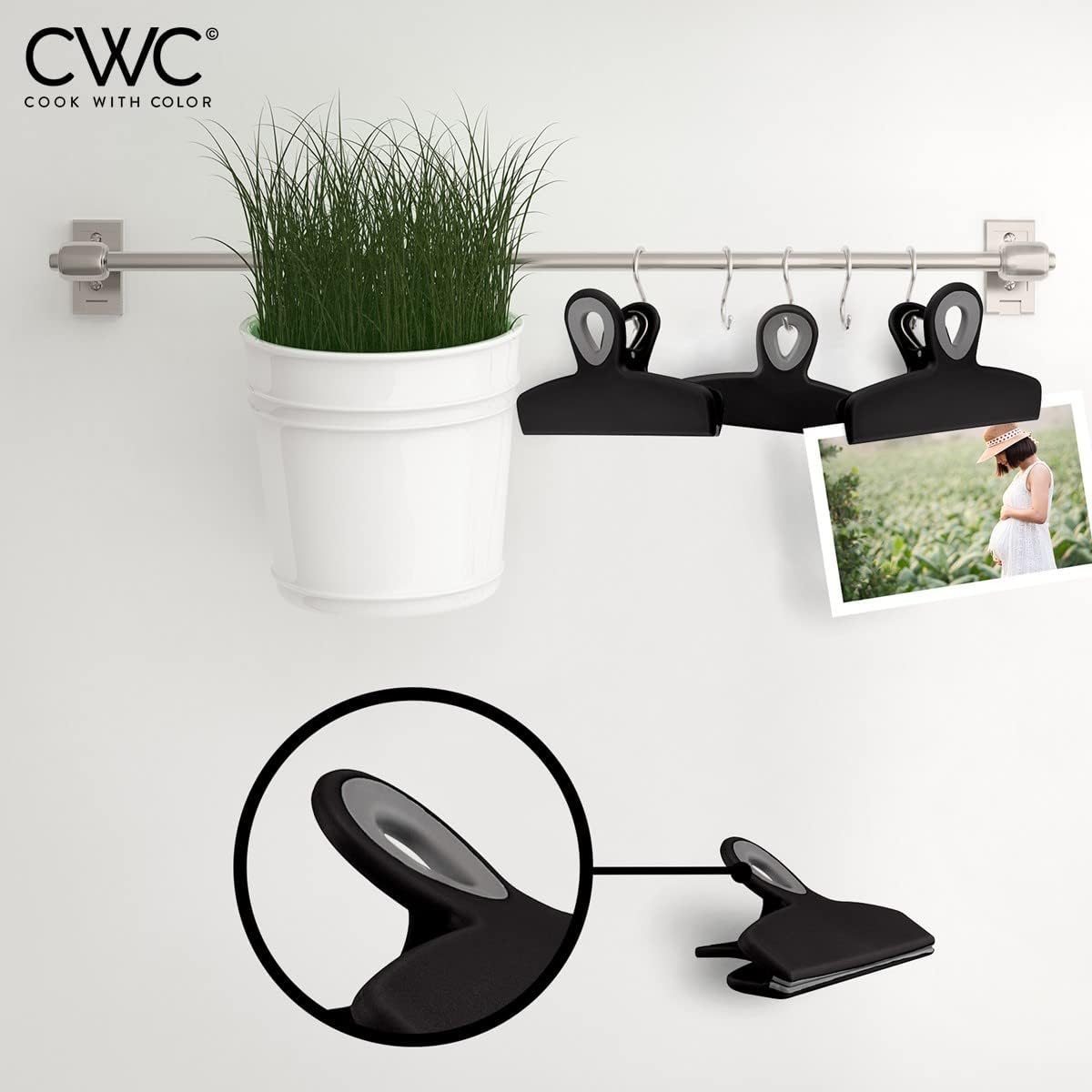 COOK WITH COLOR Bag Clips - Heavy Duty Chip Clip and Refrigerator Magnet Clips for Food Storage with Air Tight Seal Grip, Black, Pack of 4 Large Clips