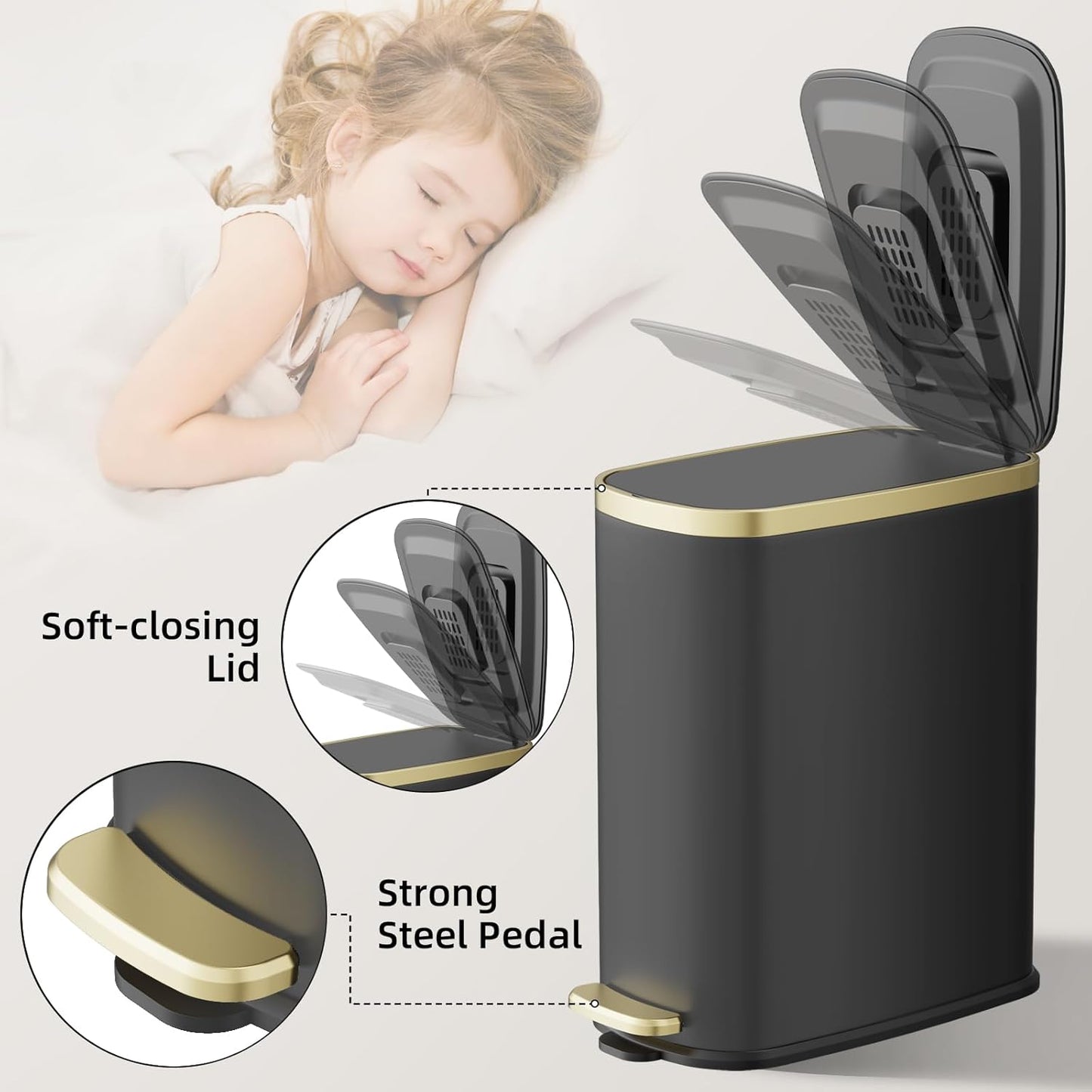 KUK Small Bathroom Trash Can with Lid Soft Close, Step Pedal, 2.4 Gal Stainless Steel Garbage Can with Removable Inner Bucket, Anti-Fingerprint Wastebasket for Office, Bedroom, Toilet (Black)