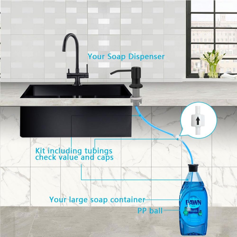 Soap Dispenser for Kitchen Sink, Countertop Soap Dispenser Pump, 47" Silicone Extension Tube Connect to The Soap Bottle Directly, Say Goodbye to Frequent Refills (Black)
