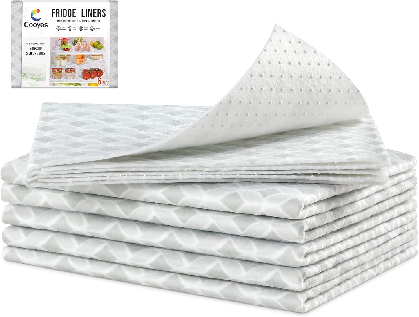 Cooyes Refrigerator Liners, Non-Slip Fridge Liners Washable, Absorbent Refrigerator Shelf Liner for Kitchen Cabinets, Non-Adhesive Refrigerator Mats Fridge bin Liners 12" x 24", 6Pcs