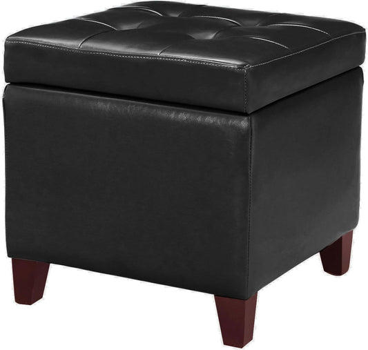 Adeco Storage Ottoman Foot Rest Stool, Leather Ottoman Footstool with Wood Legs and Hinged Lid, 18"
