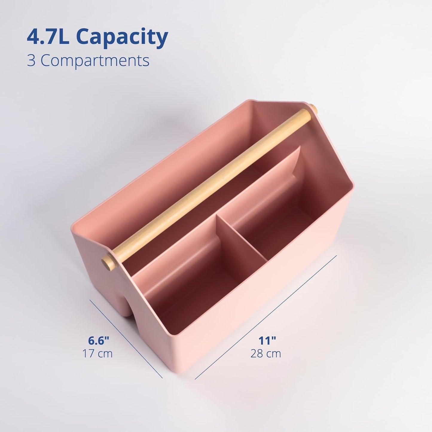 BLUE GINKGO Medium Storage Basket – Plastic Caddy with Wooden Handle for Office, Arts & Crafts, or Home Supplies (Pink)