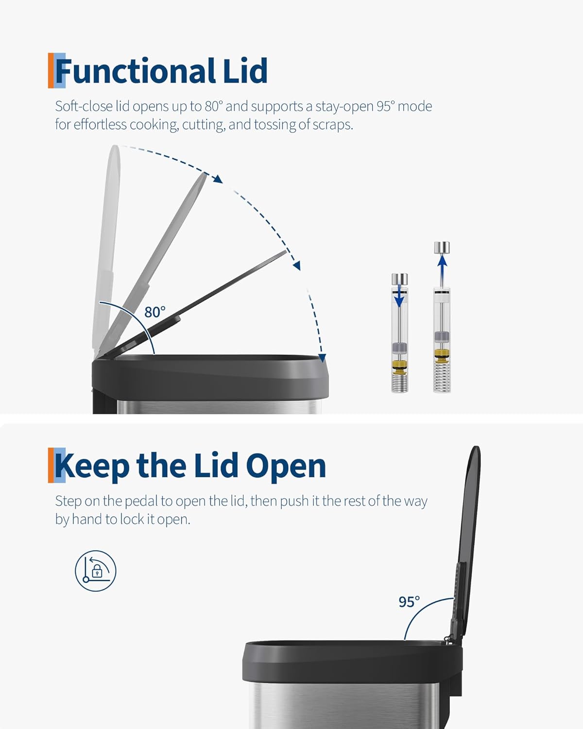 Garvee 16 Gallon / 60 Liter Stainless Steel Trash Can with Lid, Large Garbage Can for Kitchen, Rustproof Step-on Kitchen Metal Trash Bin with Liner Rim, Rear Handle, Soft Close Plastic Lid, Silver