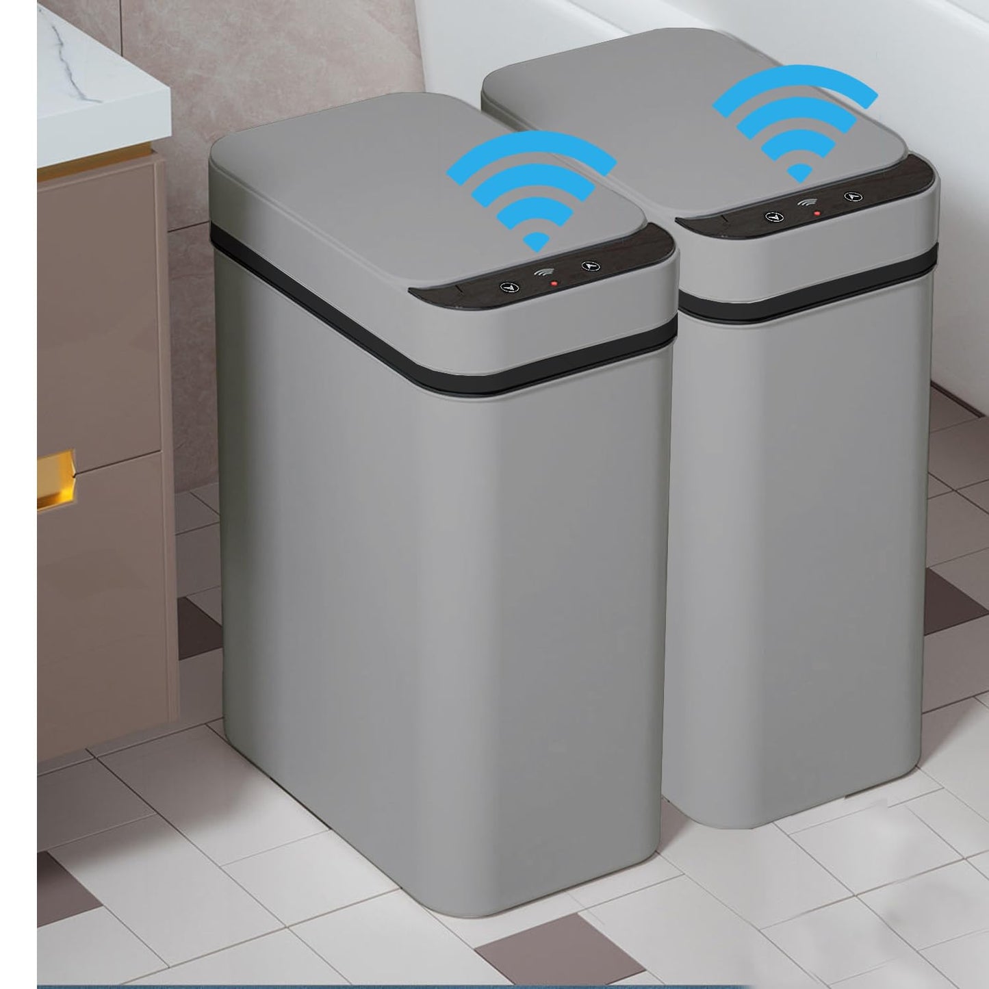 Yatmung 2 Pack - 2.5 Gallon Motion Sensor Bathroom Trash Can - Slim Smart Trash Cans - Skinny Trash Bin with Lid - Electric, Narrow, Plastic, Auto Open - Small Automatic Garbage Can (Grey)