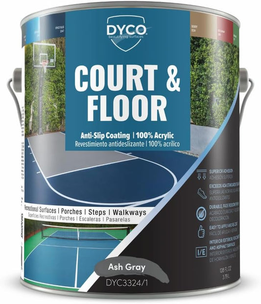 DYCO Court & Floor Anti-Slip Coating - Slip-Resistant Pavement, Cement & Concrete Paint for Pickleball, Tennis & Basketball Courts, Exceeds ADA Standards for Safety Areas (Ash Gray, 1 Gallon)