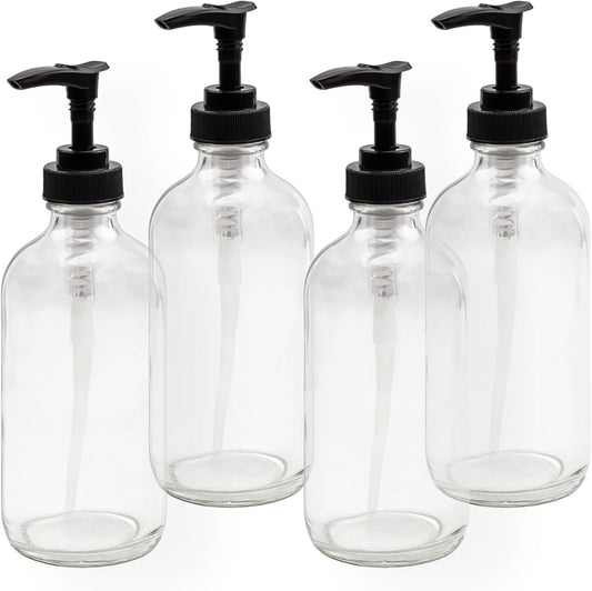 Cornucopia Brands 8oz Clear Glass Pump Bottles (4-Pack w/Black Plastic Pumps), Great as Essential Oil Bottles, Lotion Bottles, Soap Dispensers, and More