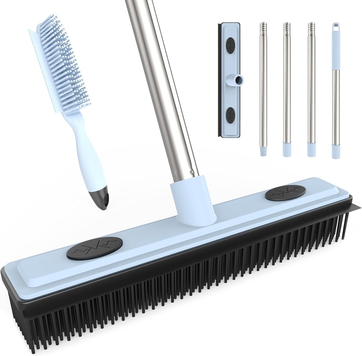 Rubber Broom Carpet Rake for Pet Hair Removal, Fur Remover Broom with 59" Adjustable Handle, Portable Detailing Lint Remover Brush, Soft Push Broom with Squeegee for Carpet, Hardwood Floor, Tile