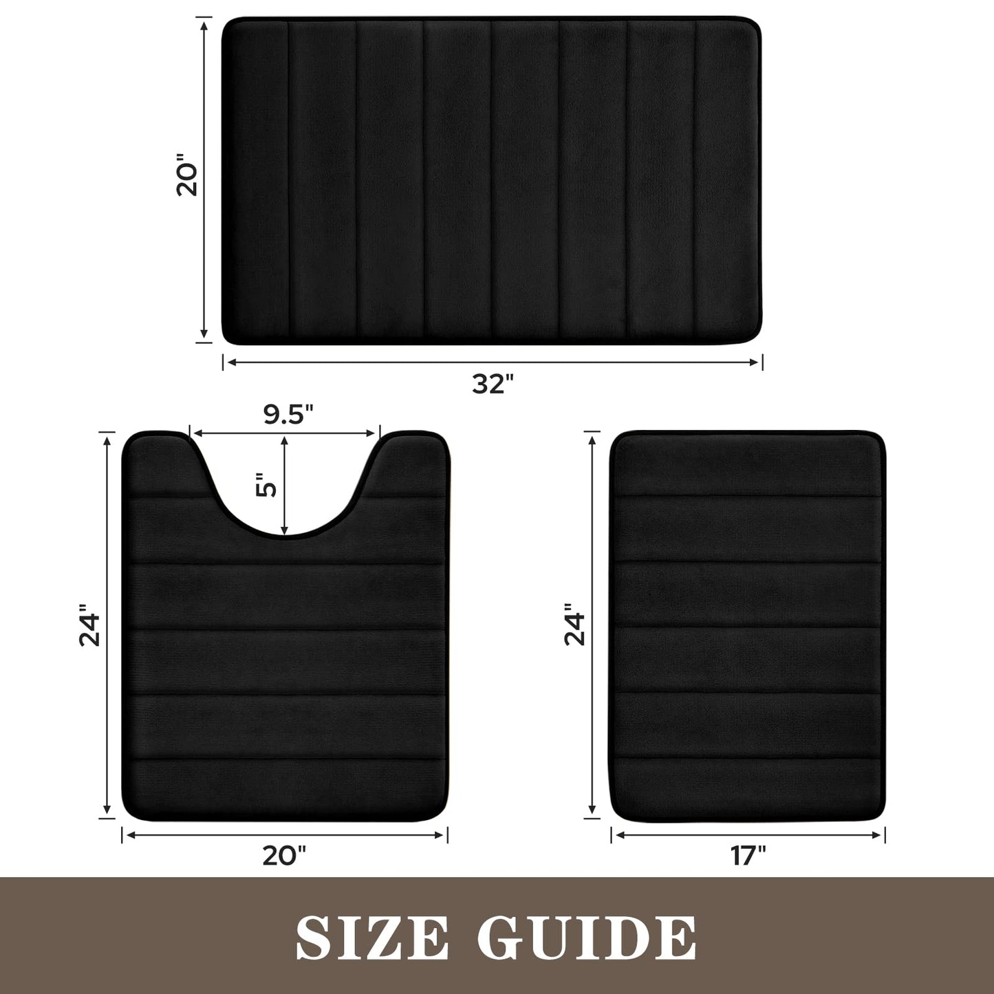 BYSURE Black Memory Foam Bathroom Rug Set 17"x24"+20"x32"+U20 x24
