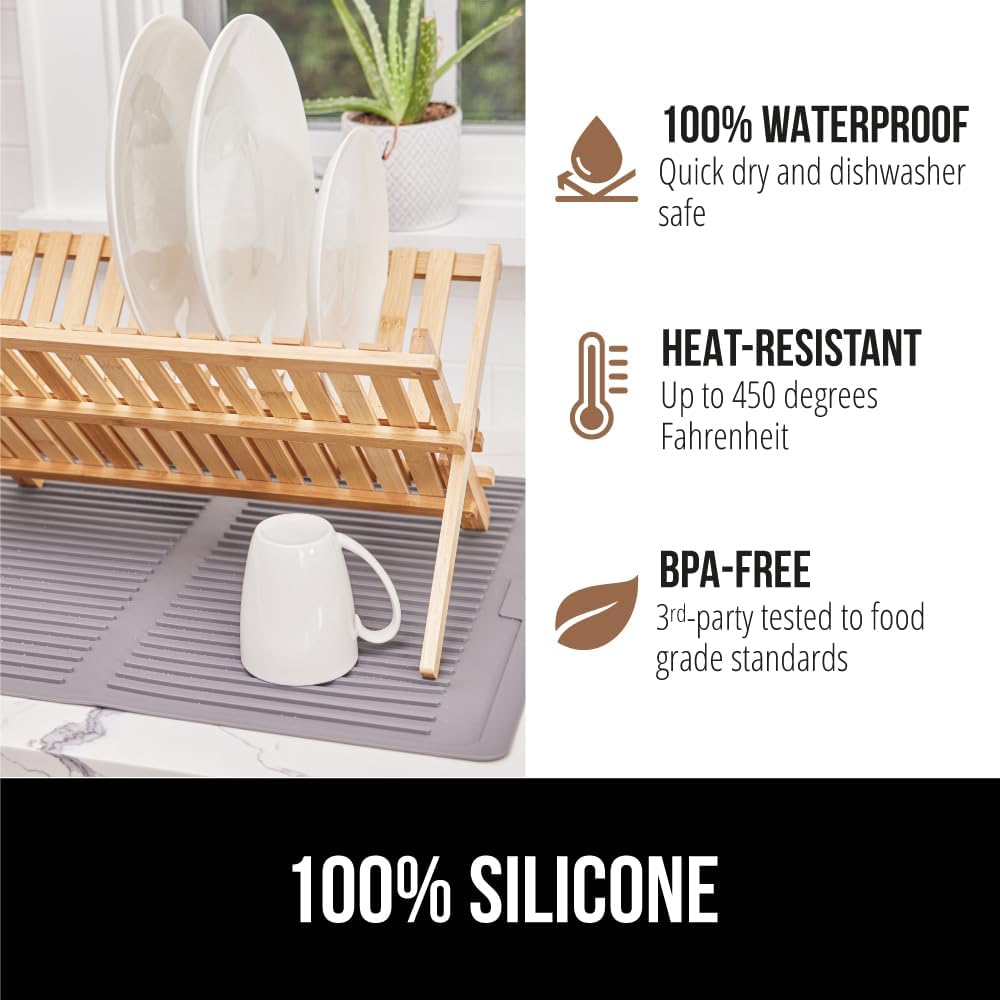GORILLA GRIP 100% BPA-Free Patented Silicone Dish Drying Mat for Kitchen Counter, Water Catching Ribbed Design, Easy Clean Waterproof Sink Liner, Heat Resistant, Fits Under Rack, 13x11 Inch, Gray