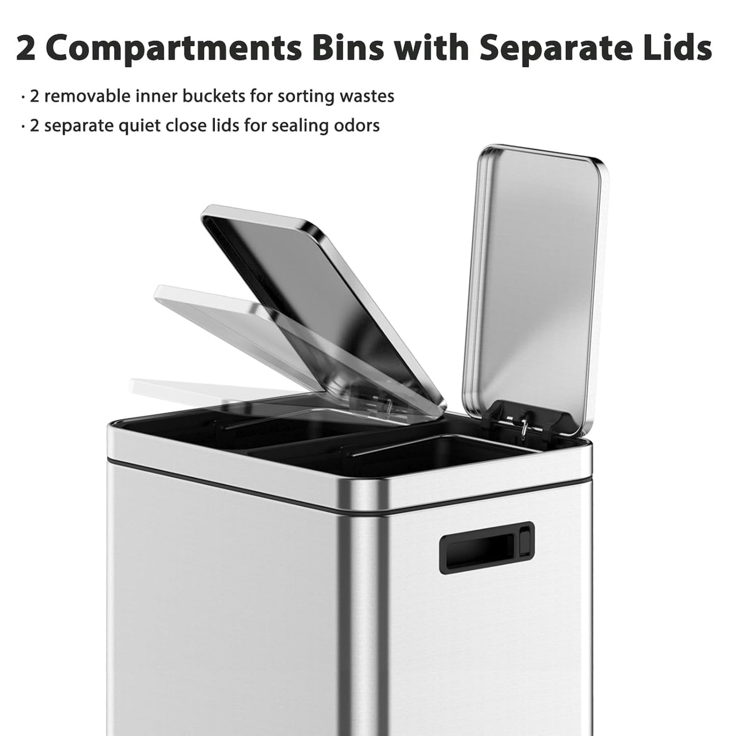 2 x 5.3 Gal (2 x 20L) Trash Can, Stainless Steel Triple Compartment Step-On Recycling Bin with Soft-Close Lids & Removable Plastic Inner Buckets for Kitchen, Home, Office