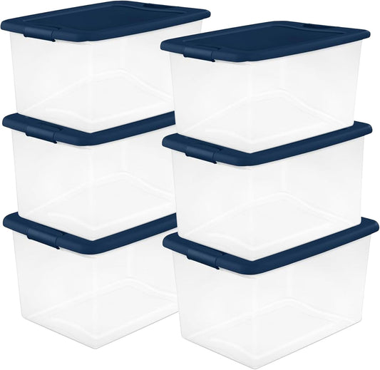 Sterilite 6-Pack Color Program, Large Clear Plastic Storage Bins with Lids, 64 Quart, Blue - Stackable Organizing Container Boxes for Closet, Bathroom, and Office