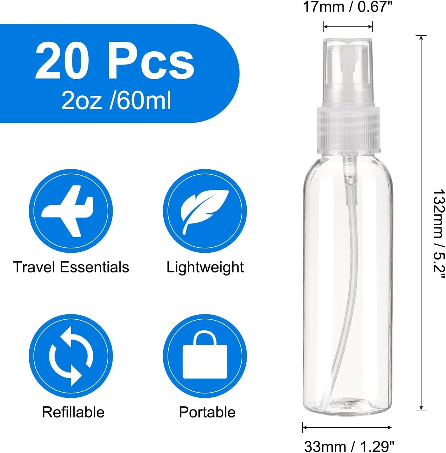 uxcell 20Pack Spray Bottles, 2Oz/60ML Reusable Clear Empty Mist Plastic Mini Travel Bottle Set,Small Refillable Liquid Containers for Household Use, Essential Oil, Cleaning (Transparent)