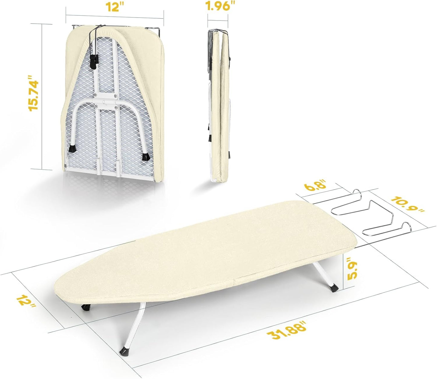 Metal Small Ironing Board Tabletop 31x12, RAINHOL Countertop Mini Iron Board Foldable with Cotton Cover and Pad, Portable and Compact for Travel, Dorms and Small Space
