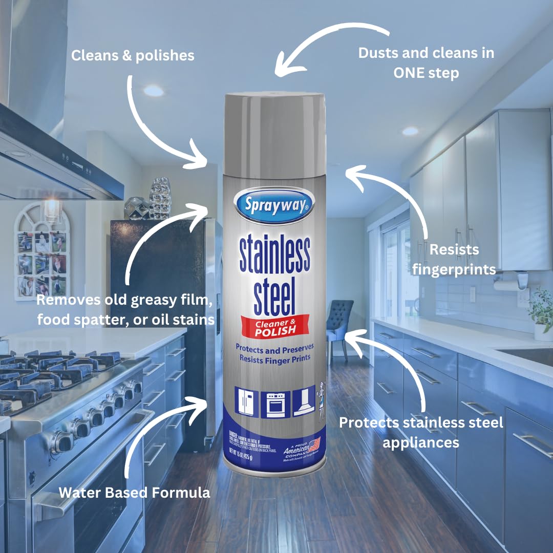Sprayway Stainless Steel Cleaner Aerosol Spray (Water-Based), 15oz, Pack of 6 | Cleans, Polishes