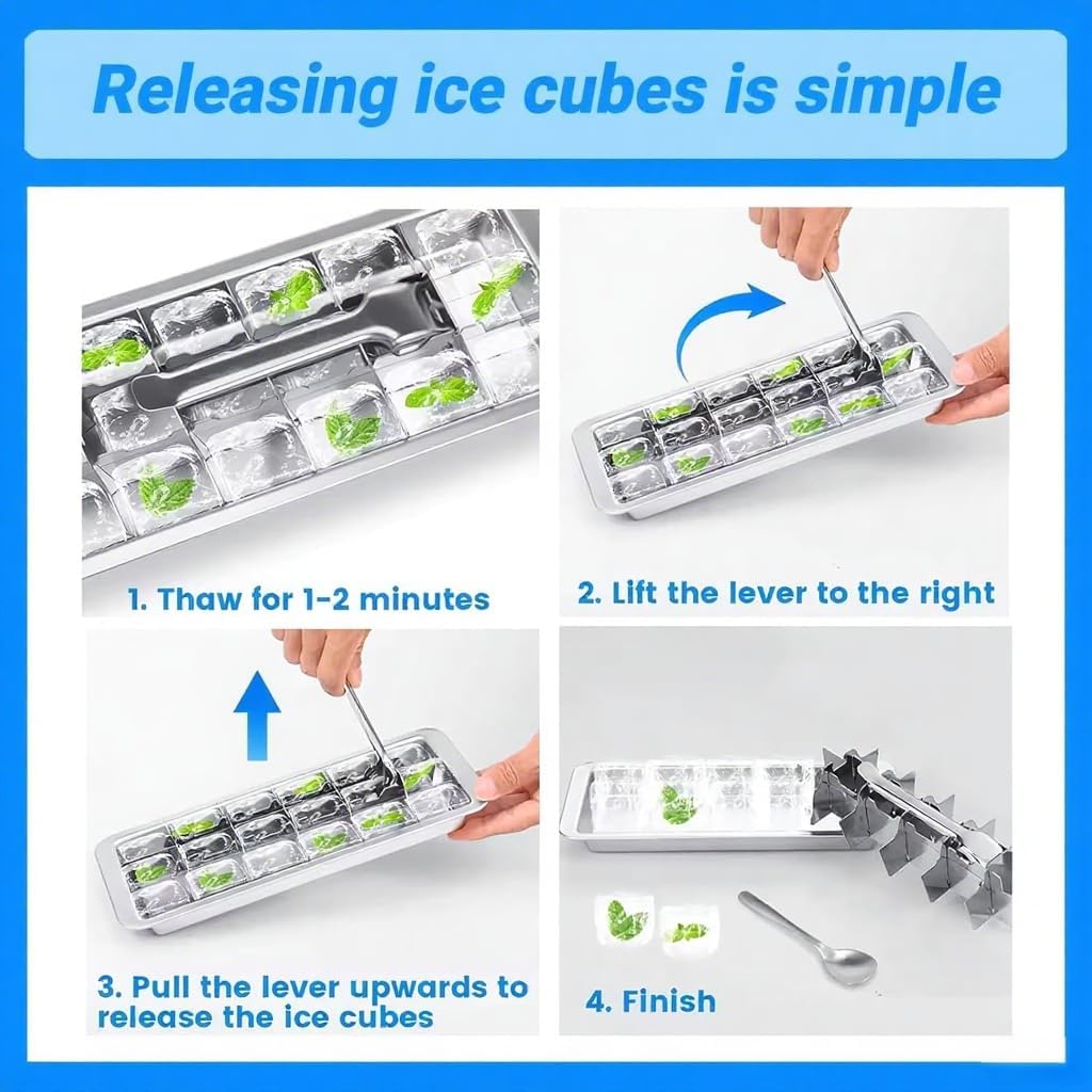 3 Pack 18-Slot Ice Cube Trays Stainless Steel - Professional Heavy Duty Metal Icecube Mold, Non-Toxic Freezer Tray with Lever Release, Bar & Kitchen Use, Send Goods from Local Warehouse